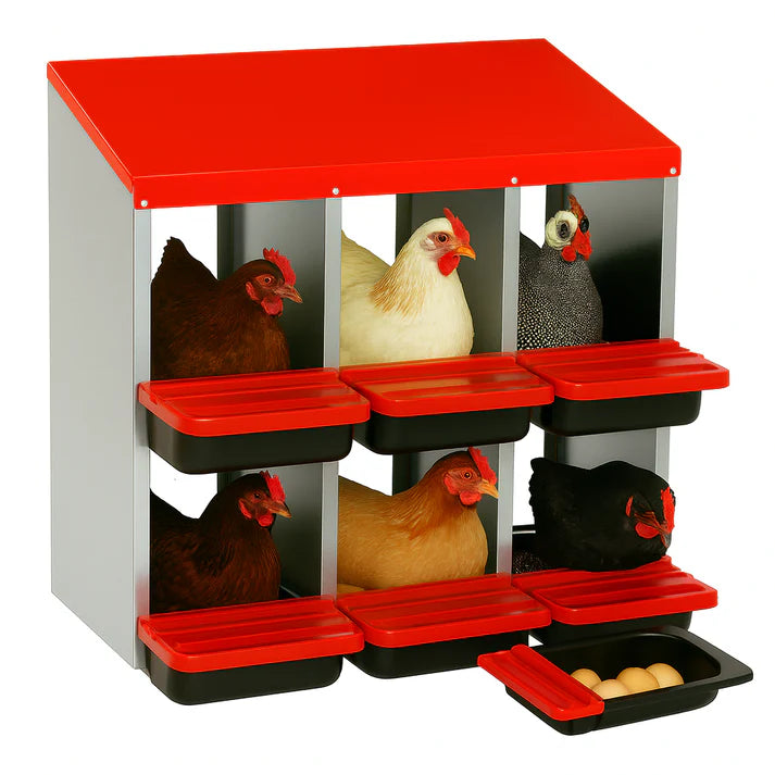 Red and black poultry feeder with chickens on a white background