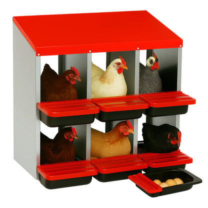 Red and black poultry feeder with chickens on a white background
