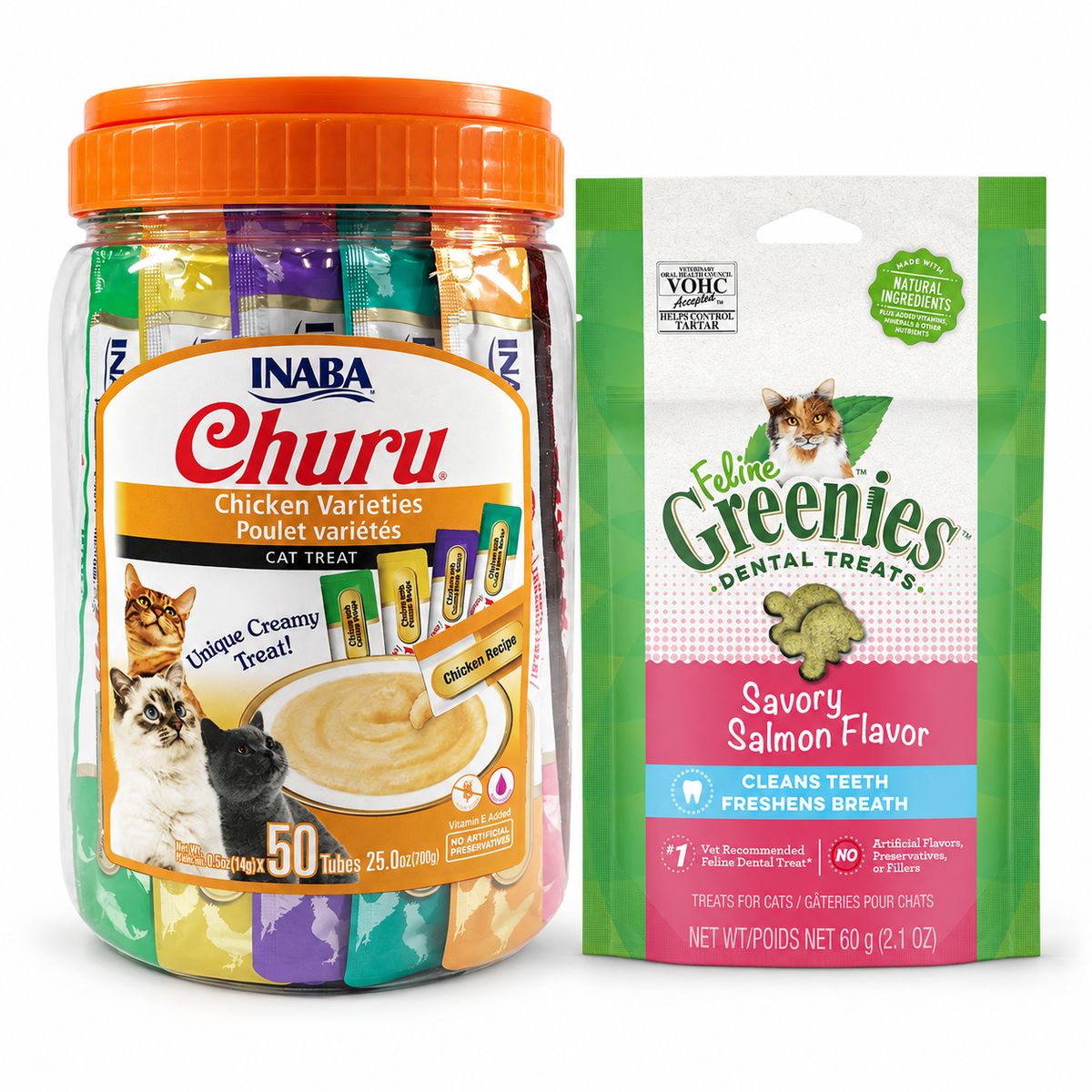 Inaba Churu Chicken Variety 50 Tubes and GREENIES Feline Salmon 60g cat treat variety pack