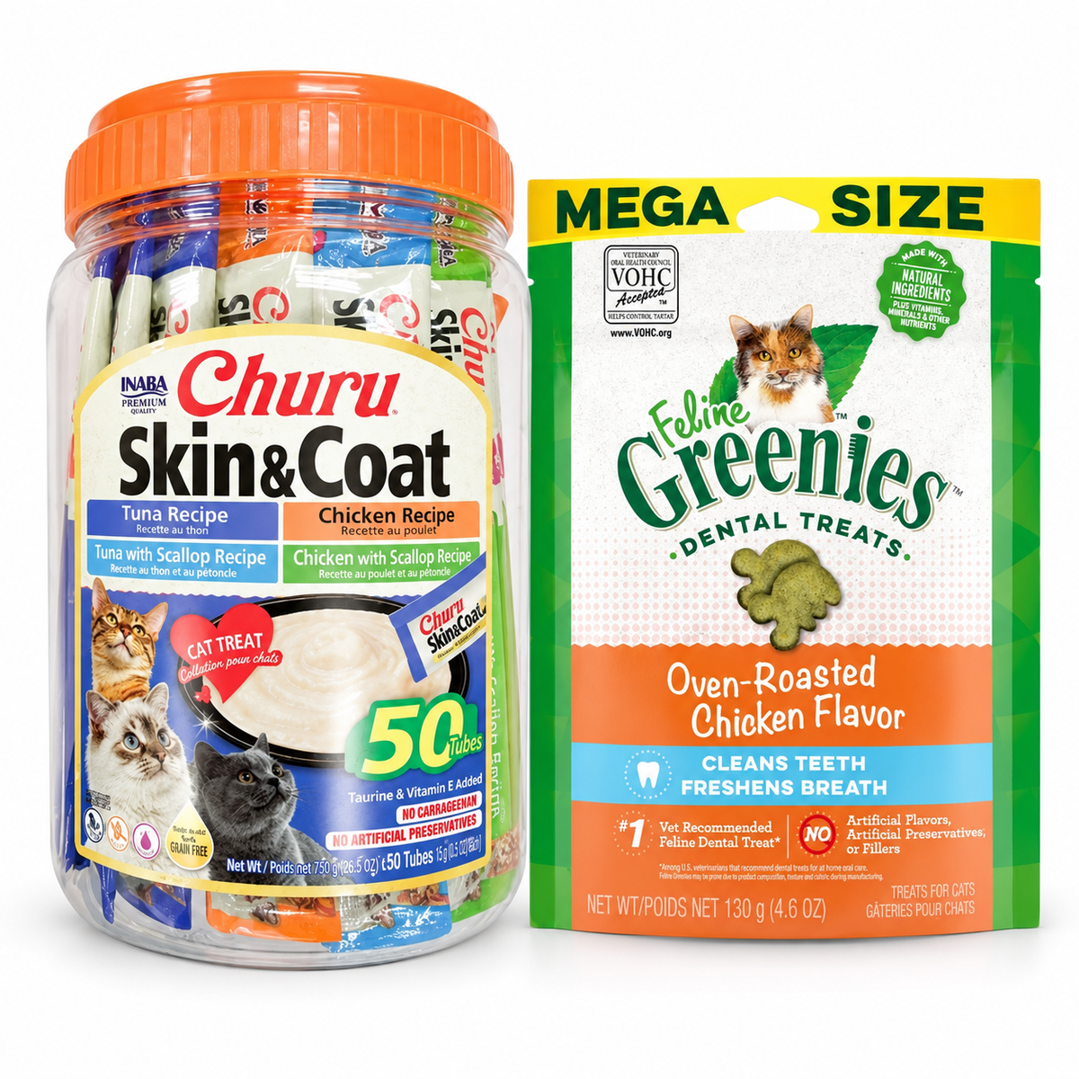 Inaba Churu Skin and Coat 50 Tubes and GREENIES Feline Chicken 130g cat treat variety pack