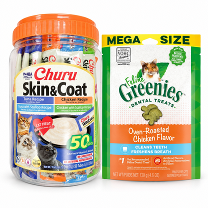 Inaba Churu Skin and Coat 50 Tubes and GREENIES Feline Chicken 130g cat treat variety pack