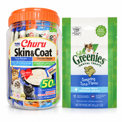 Inaba Churu Skin and Coat 50 Tubes and GREENIES Feline Tuna 60g cat treat variety pack