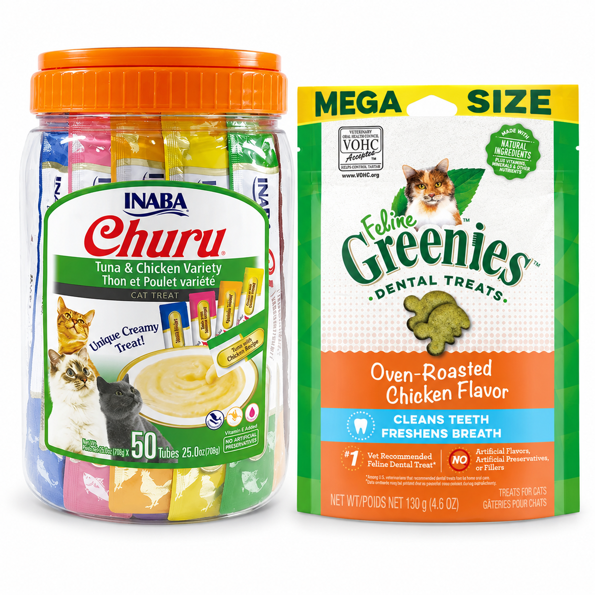 Inaba Churu Tuna with Chicken 50 Pack and GREENIES Feline Chicken 130g cat treat variety pack