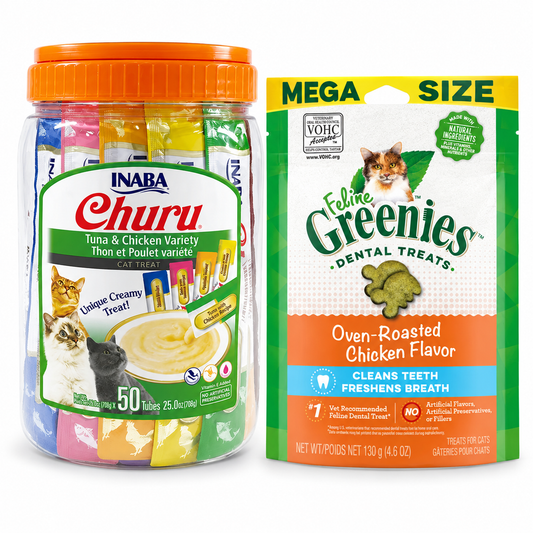 Inaba Churu Tuna with Chicken 50 Pack and GREENIES Feline Chicken 130g cat treat variety pack