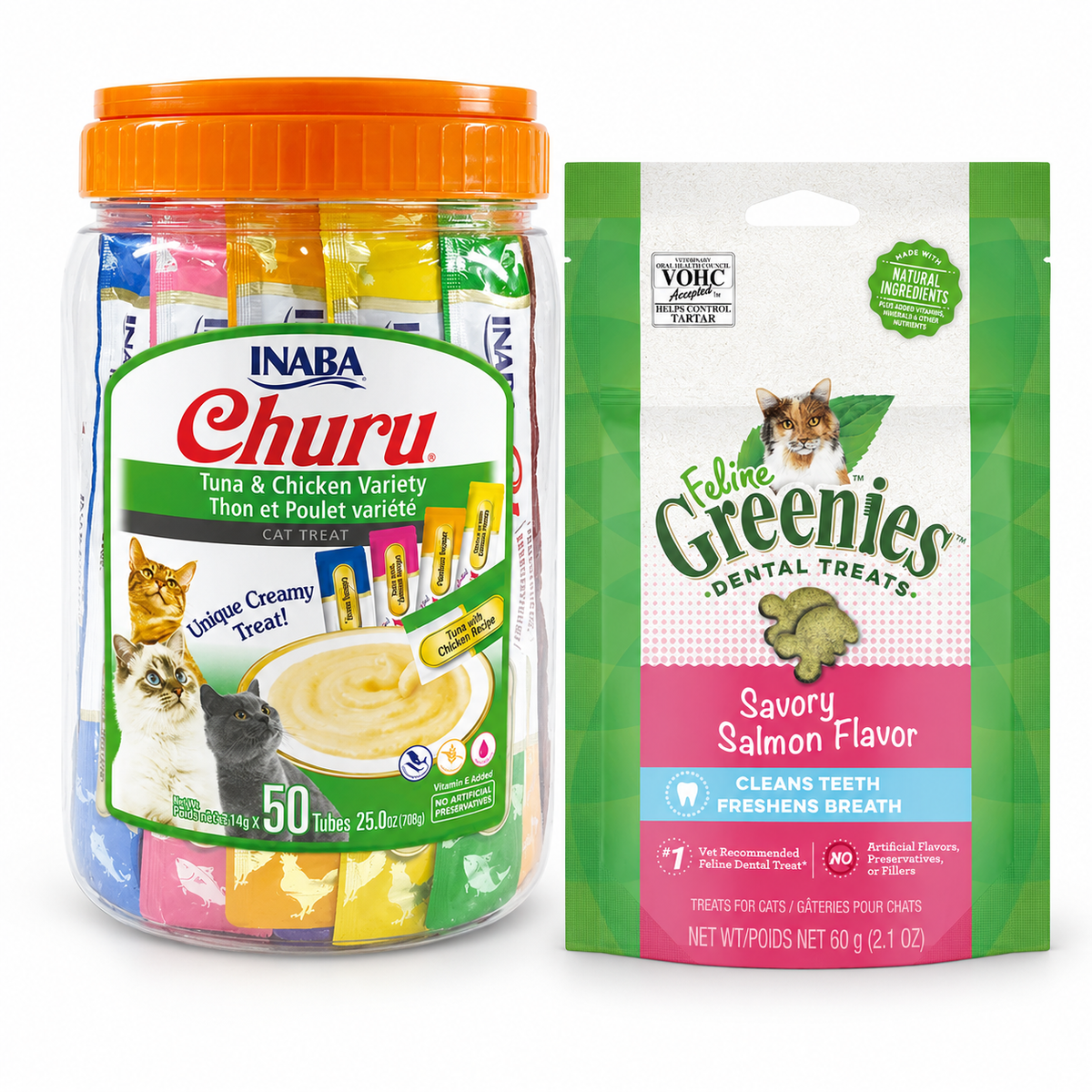Inaba Churu Tuna with Chicken 50 Pack and GREENIES Feline Salmon 60g cat treat variety pack