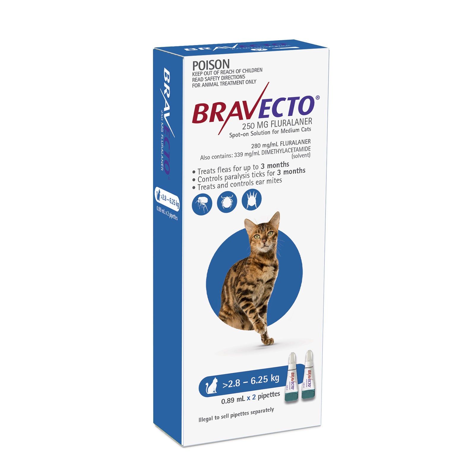 Bravecto SPOT ON For Cats 2-6kg 2 x Pipettes (Dark Blue)