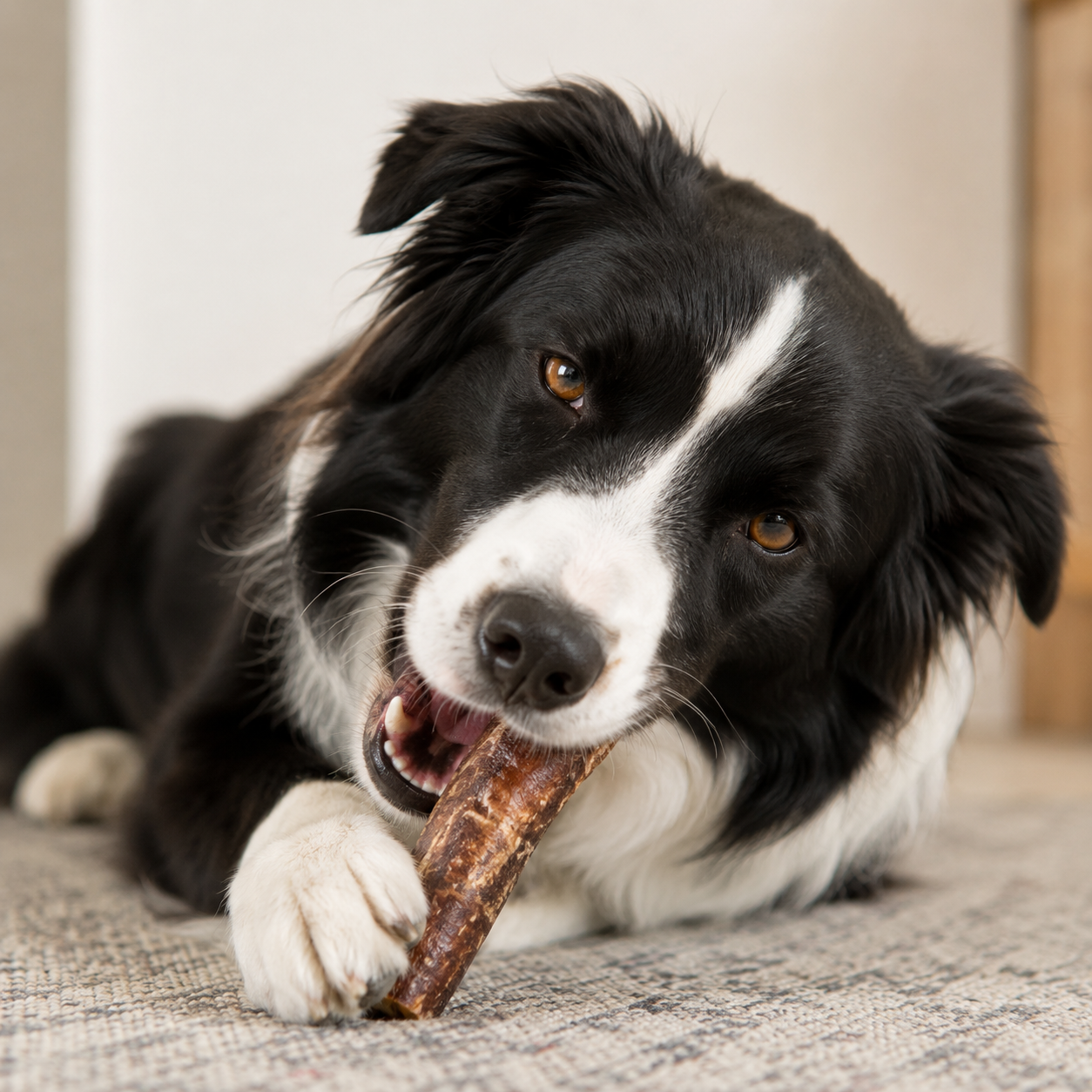 Border Collie chewing a Blackdog Collagen Dental Stick during supervised enrichment