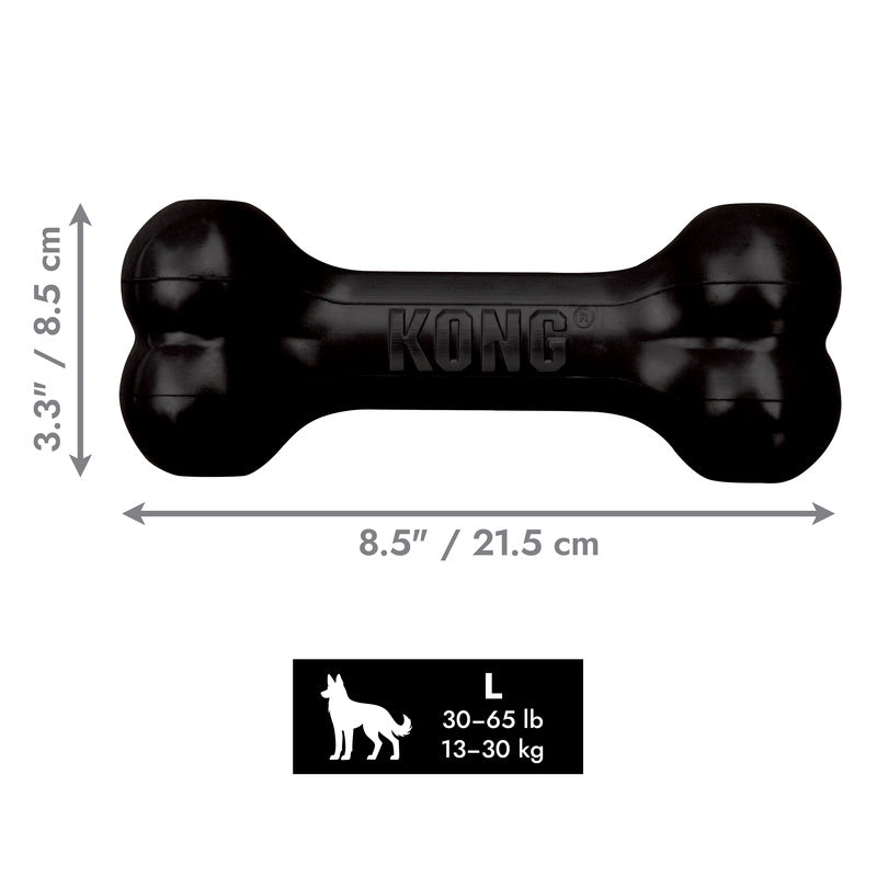 Black KONG dog toy with dimensions and weight capacity on a white background
