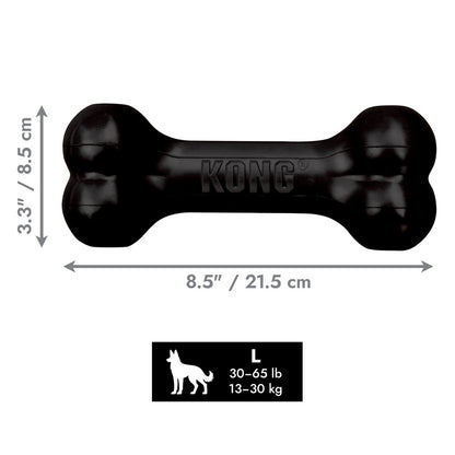 Black KONG dog toy with dimensions and weight capacity on a white background