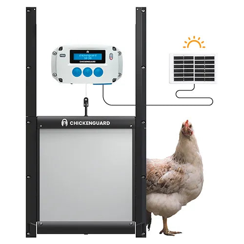 ChickenGuard Pro solar chicken door with controller and solar panel