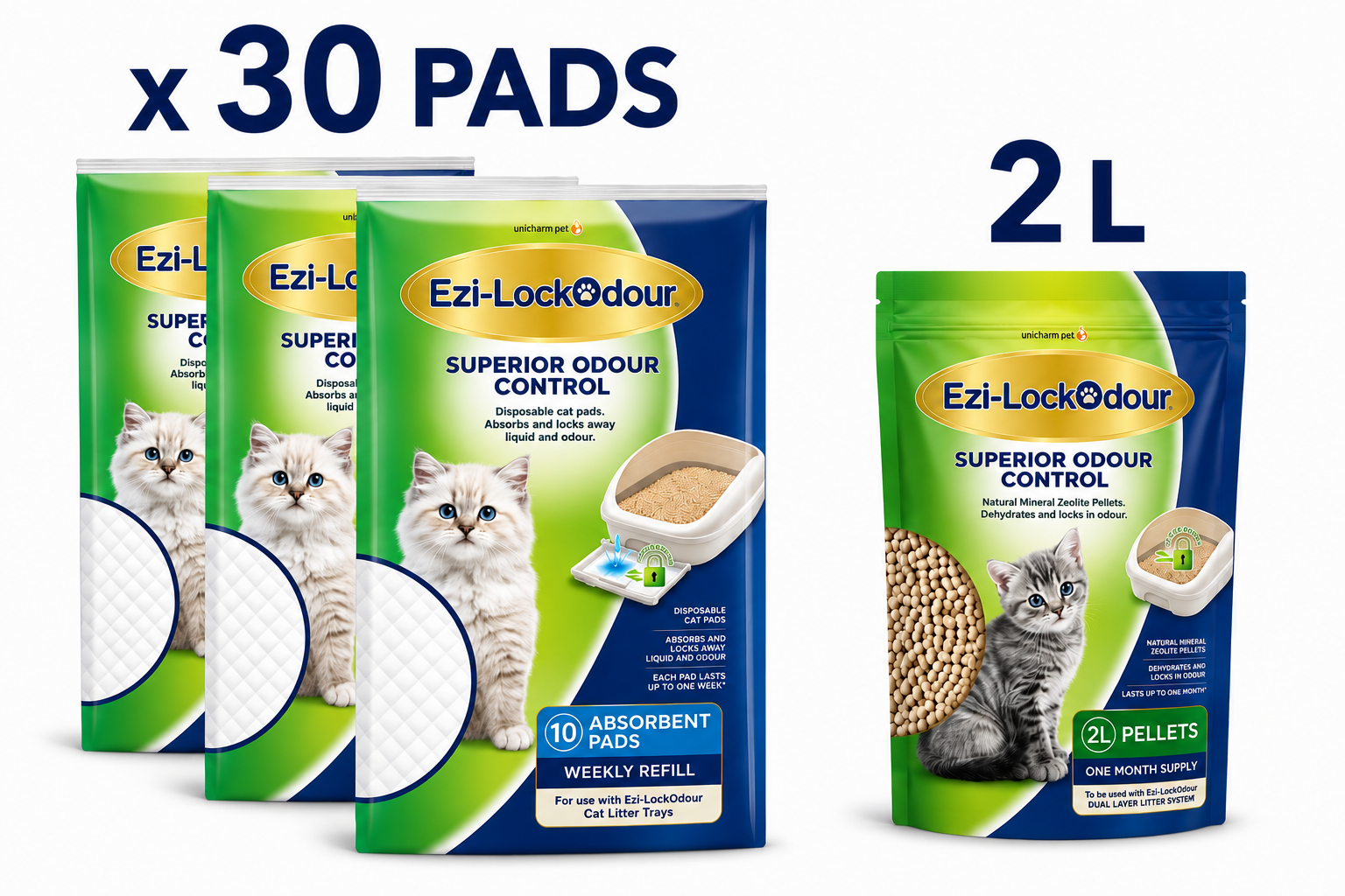 Ezi-LockOdour Cat Litter Bundle – 30 Absorbent Cat Litter Pads (3 x 10 Pack) with 2kg Natural Mineral Zeolite Pellets for Dual Layer Cat Litter Systems, Indoor Cats and Multi-Cat Households