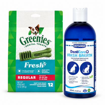 GREENIES Fresh Regular 340g and Vetsense DentiCare Fresh Breath 500mL dog dental care pack