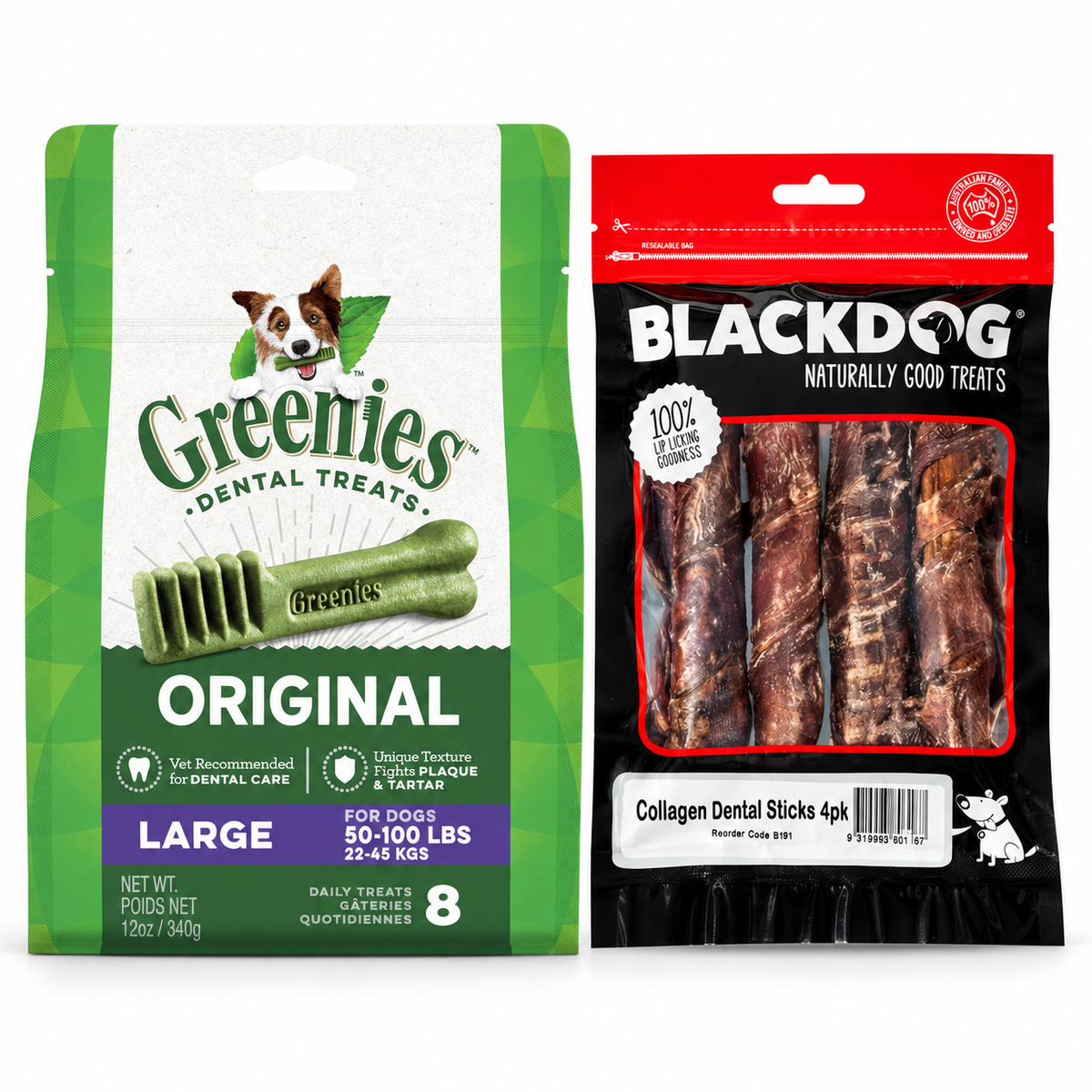 GREENIES Original Large 340g and Blackdog Collagen Dental Sticks 4 Pack dog treat pack