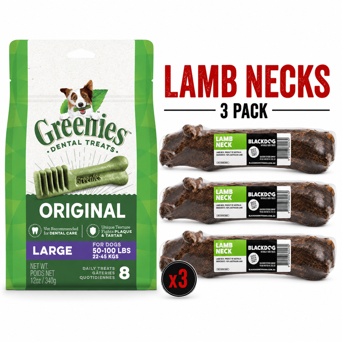 GREENIES Original Large 340g and Blackdog Lamb Necks 3 Pack dog treat pack