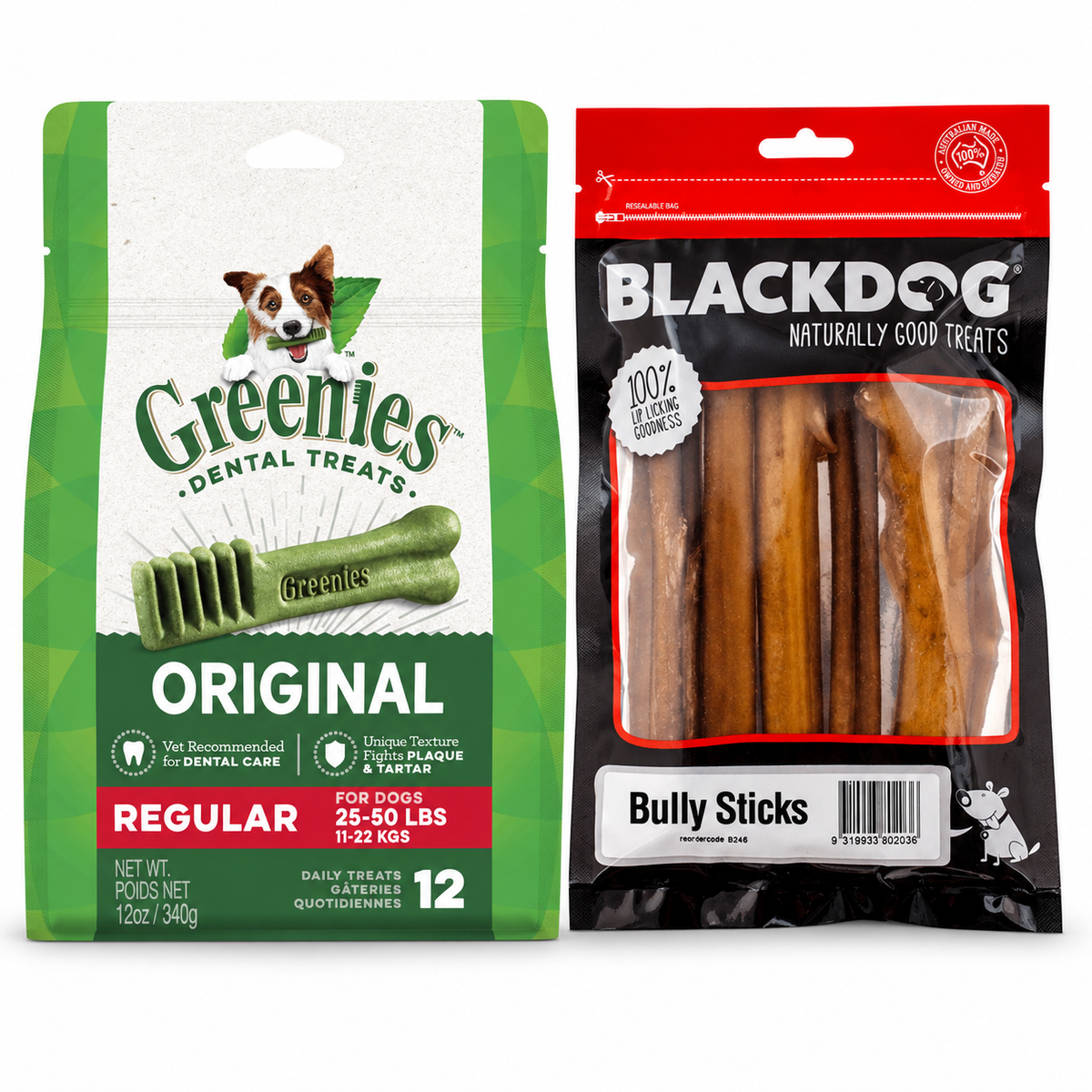 GREENIES Original Regular 340g and Blackdog Bully Sticks 5 Pack dog treat pack