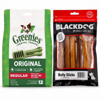 GREENIES Original Regular 340g and Blackdog Bully Sticks 5 Pack dog treat pack