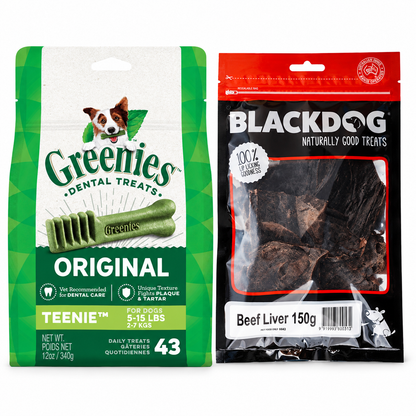 GREENIES Original TEENIE 340g and Blackdog Beef Liver 150g small dog treat pack