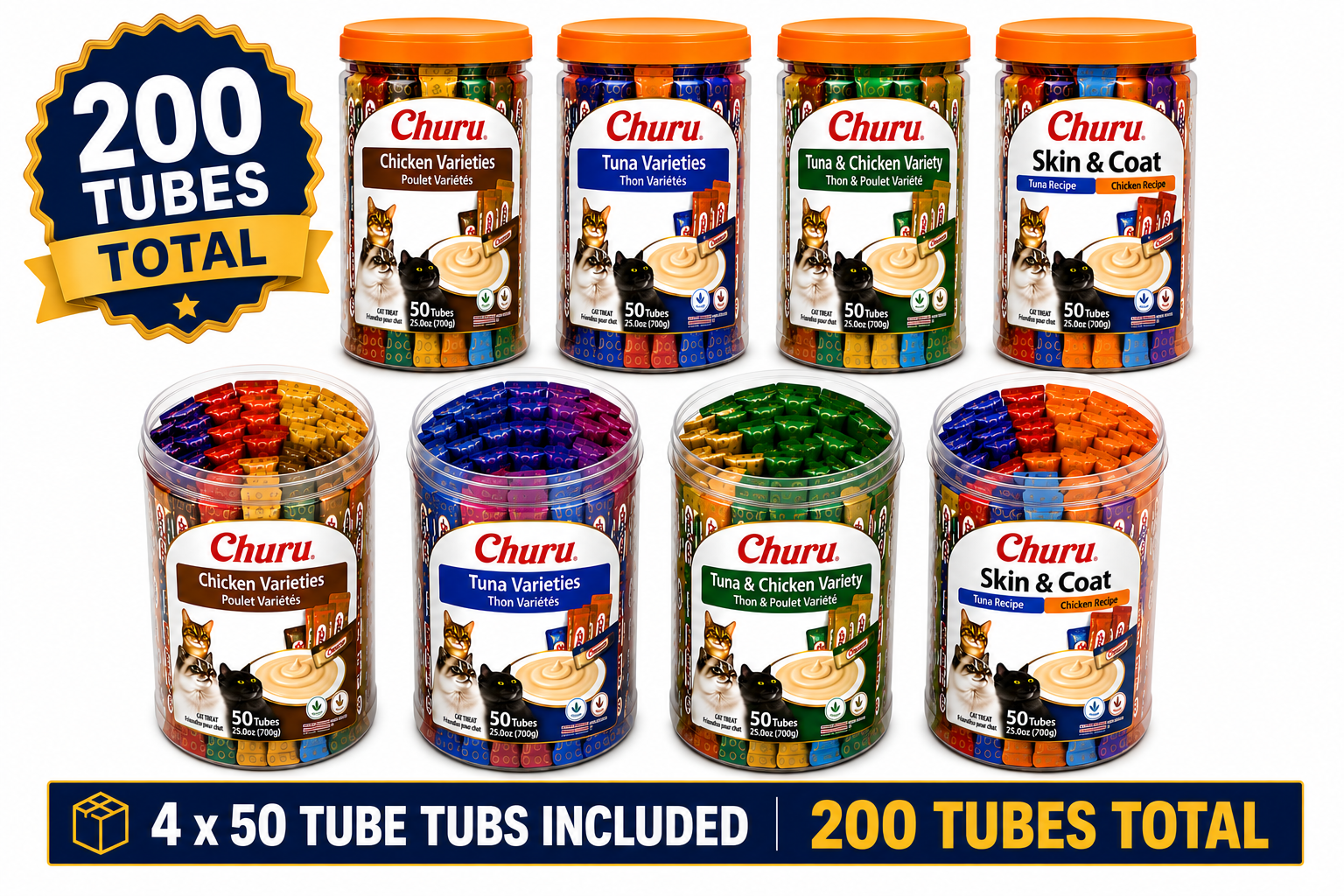 Inaba Churu 200 Tube Variety Bundle Cat Treats containing 4 x 50 tube tubs with Tuna, Chicken, Tuna and Chicken, and Skin and Coat varieties. Bulk creamy lickable cat treats for multi-cat households and picky cats.