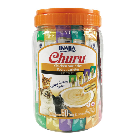 Jar of Inaba Churu cat treats with various flavors on a white background