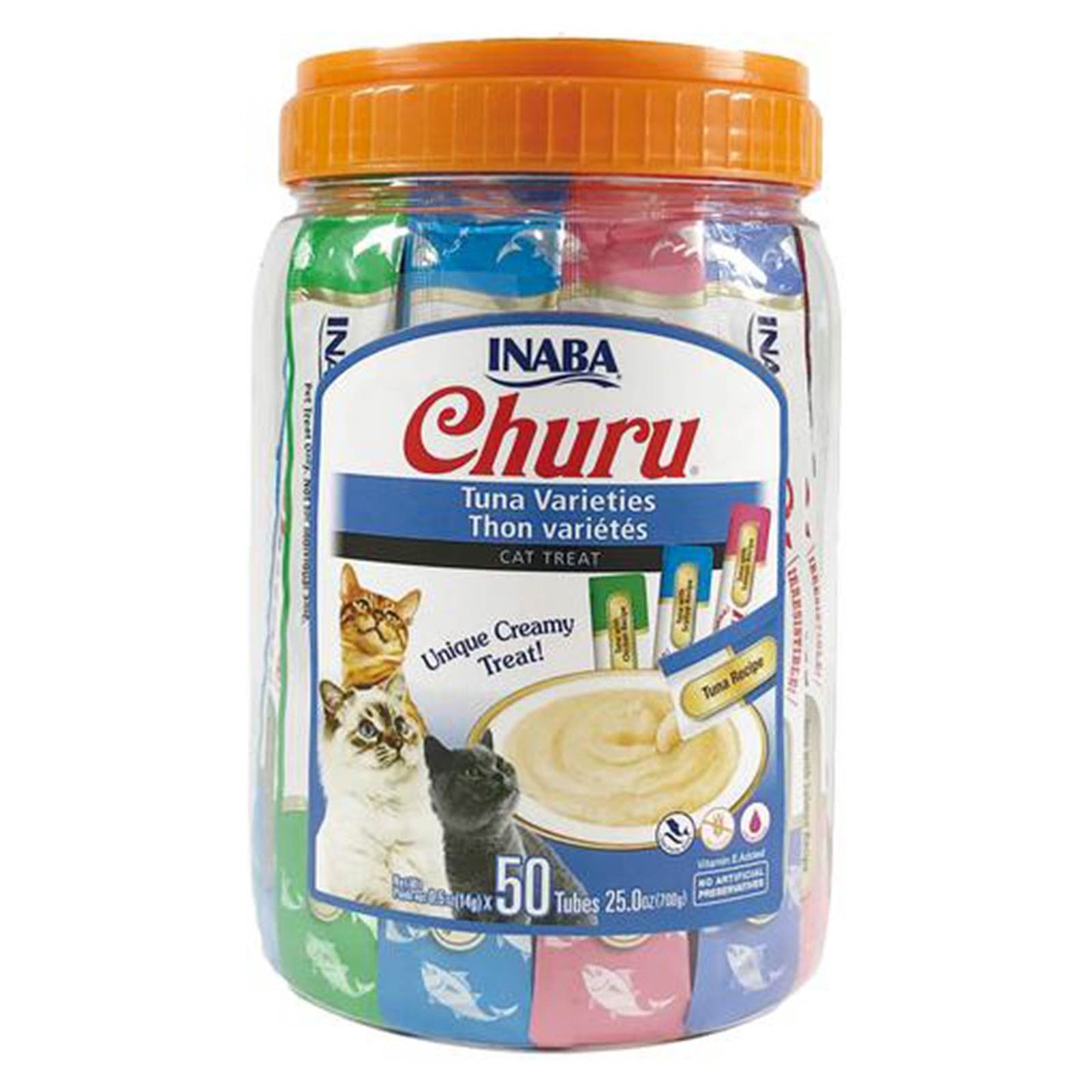 Jar of Inaba Churu cat treats with colorful labels on a white background