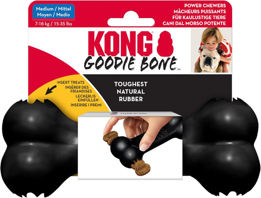 Kong Goodie Bone dog toy packaging with black rubber toy and treats on a white background