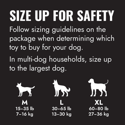 Dog toy size chart with illustrations and weight guidelines on a black background