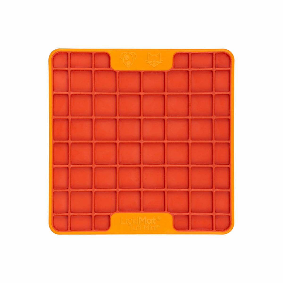 Orange LickiMat Mini Tuff Playdate front showing the square-pocket texture