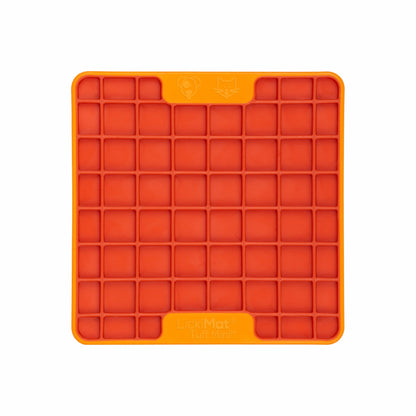 Orange LickiMat Mini Tuff Playdate front showing the square-pocket texture