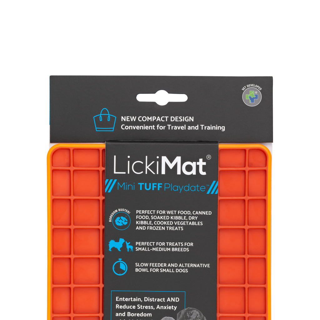 Orange LickiMat Mini Tuff Playdate with its original product packaging