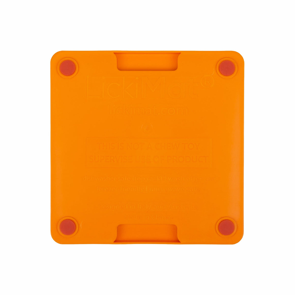 Rear view of the orange LickiMat Mini Tuff Playdate showing its rigid base