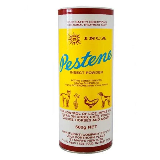 Inca Pestene Insect Powder container with yellow label and red lid on a white background