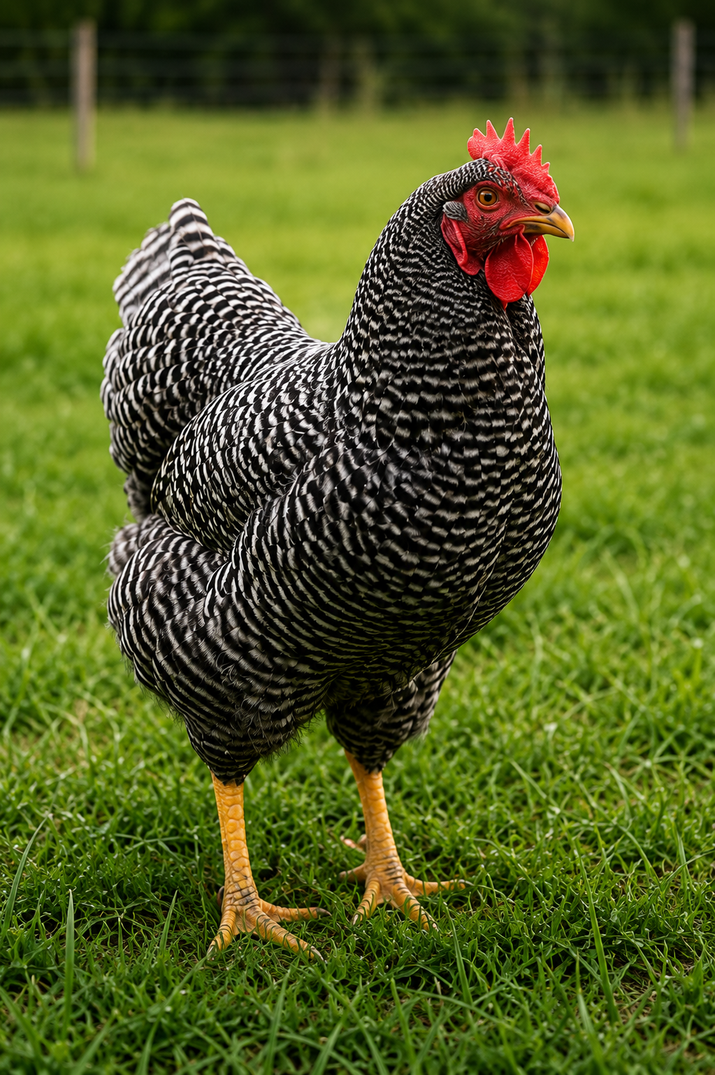 Poultry collection image featuring a barred chicken standing on grass