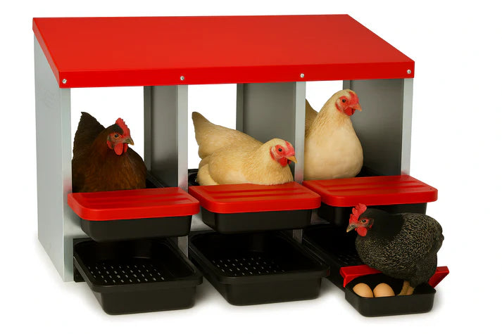 Chicken coop with red top and black trays on a white background