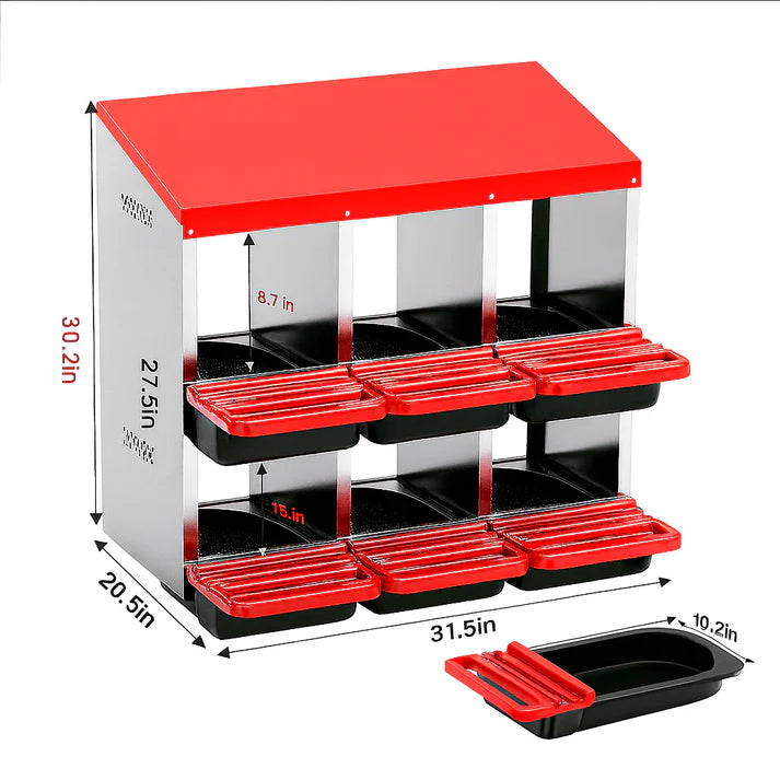 Tool storage cabinet with red trays and dimensions labeled