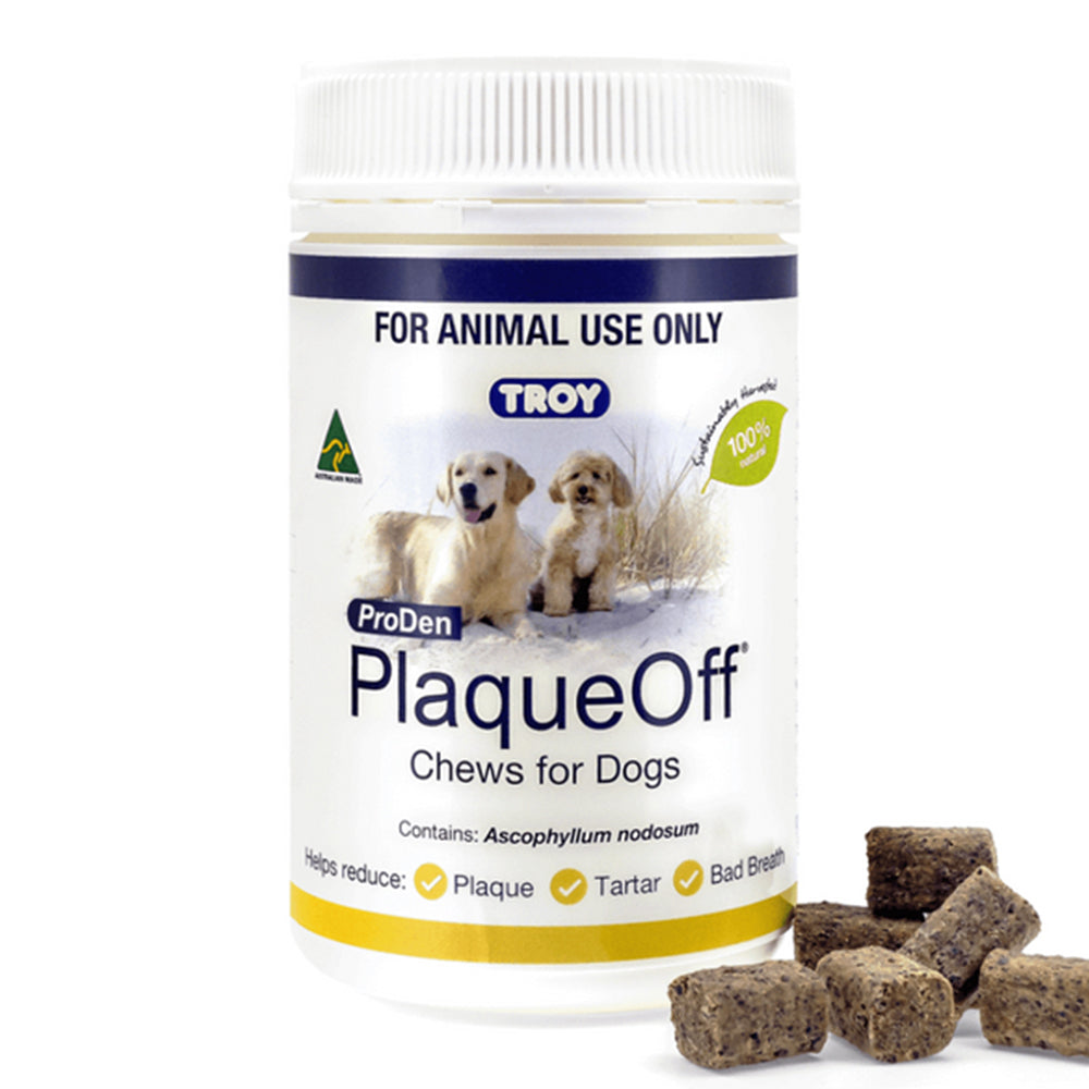 Troy ProDen PlaqueOff Chews for Dogs packaging with two dogs on a white background