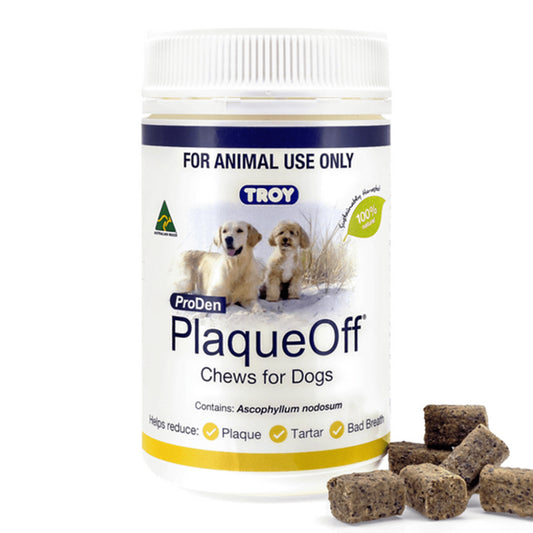 Troy ProDen PlaqueOff Chews for Dogs packaging with two dogs on a white background