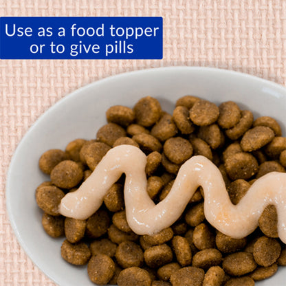 Dog food with a food topper on a textured surface