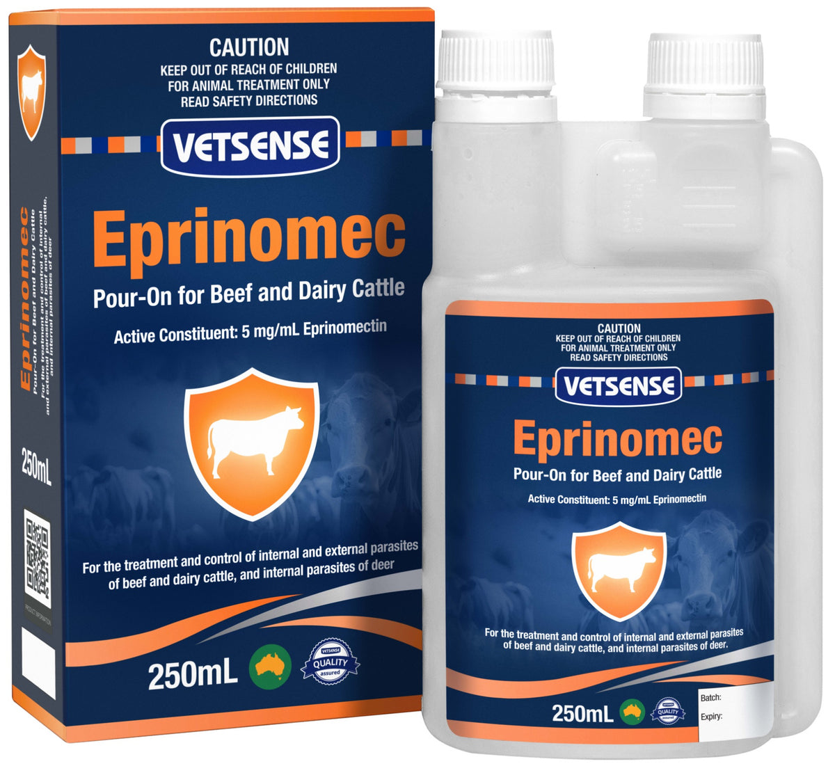Vetsense Eprinomec Pour-On for Cattle 250mL bottle and carton