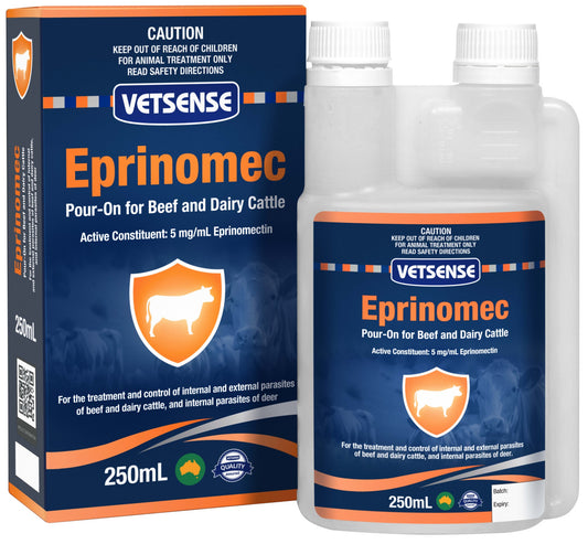 Vetsense Eprinomec Pour-On for Cattle 250mL bottle and carton