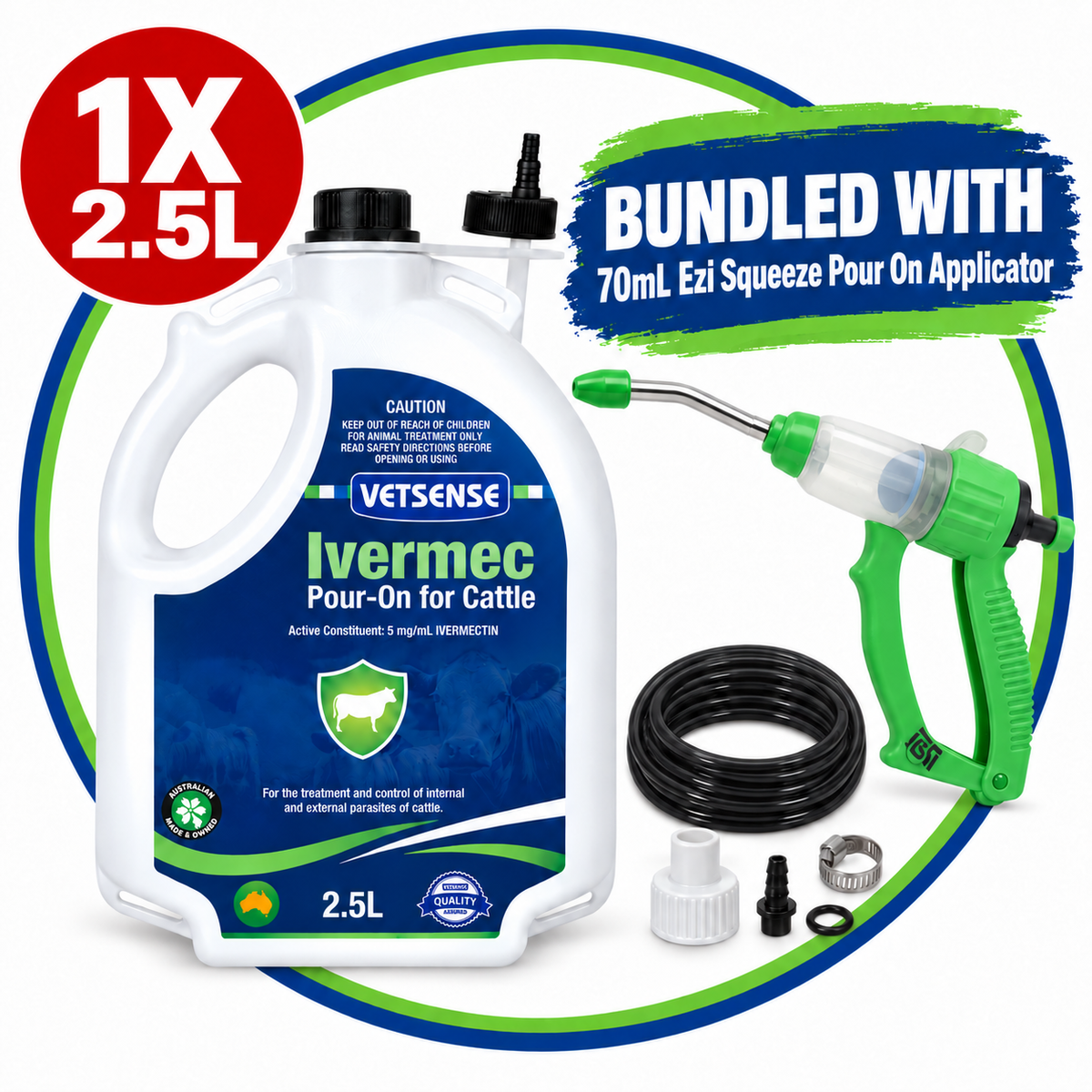 Vetsense Ivermec Pour-On 2.5L with Bainbridge 70mL Ezi Squeeze applicator bundle
