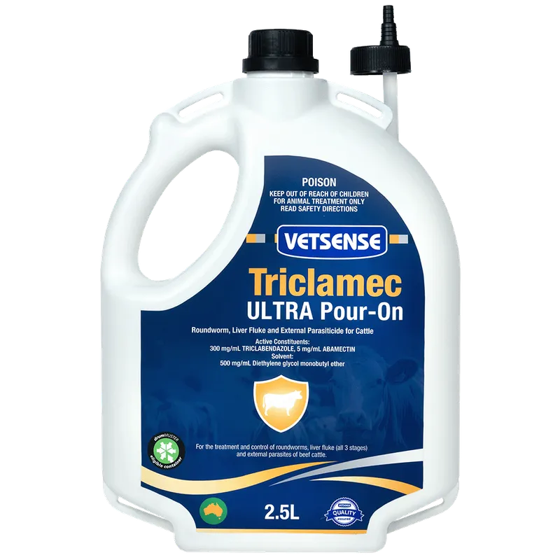 Vetsense Triclamec Ultra Pour-On 2.5L cattle liver fluke and parasite treatment Australia