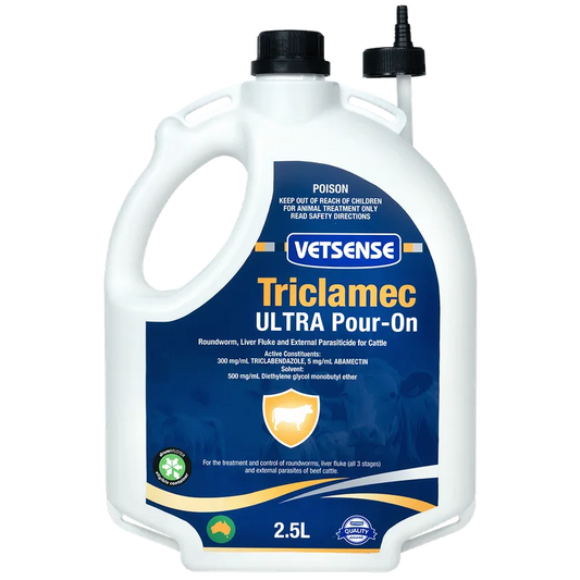 Vetsense Triclamec Ultra Pour-On 2.5L cattle liver fluke and parasite treatment Australia